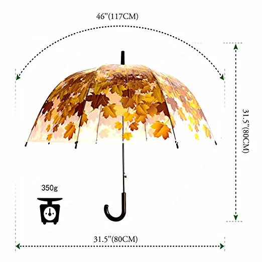China Manufacturer Autumn Maple Leaves Flora Print Clear Transparent Umbrella